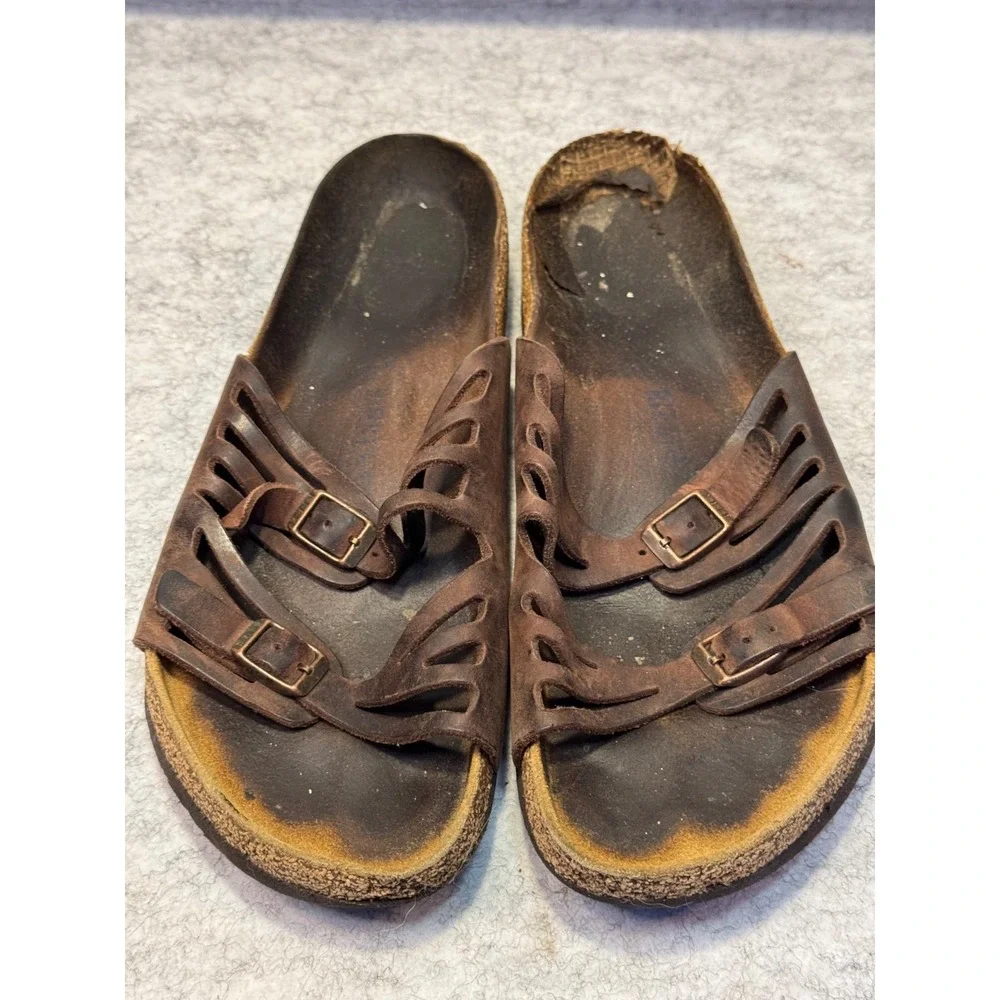Birkenstock Mens Brown Leather Strappy Slide Sandals Size 41 Comfort Casual
